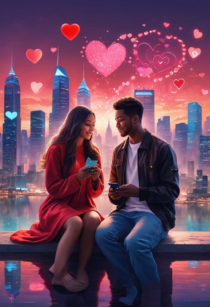 A couple sitting together holding smartphones, surrounded by floating heart icons, digital messages, and love symbols, set against a modern cityscape with a glowing skyline. The backdrop should include iconic social media logos and a dreamy, futuristic ambiance. Painting. Vibrant colors. Soft romantic lighting.