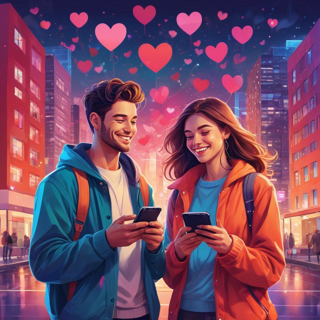 A vibrant, romantic scene featuring a couple exchanging smiles while holding smartphones, surrounded by floating hearts and digital connection symbols, highlighting both technology and genuine affection. The backdrop illustrates a modern urban setting with hints of cozy, intimate spaces. vector art, vibrant colors, modern style.
