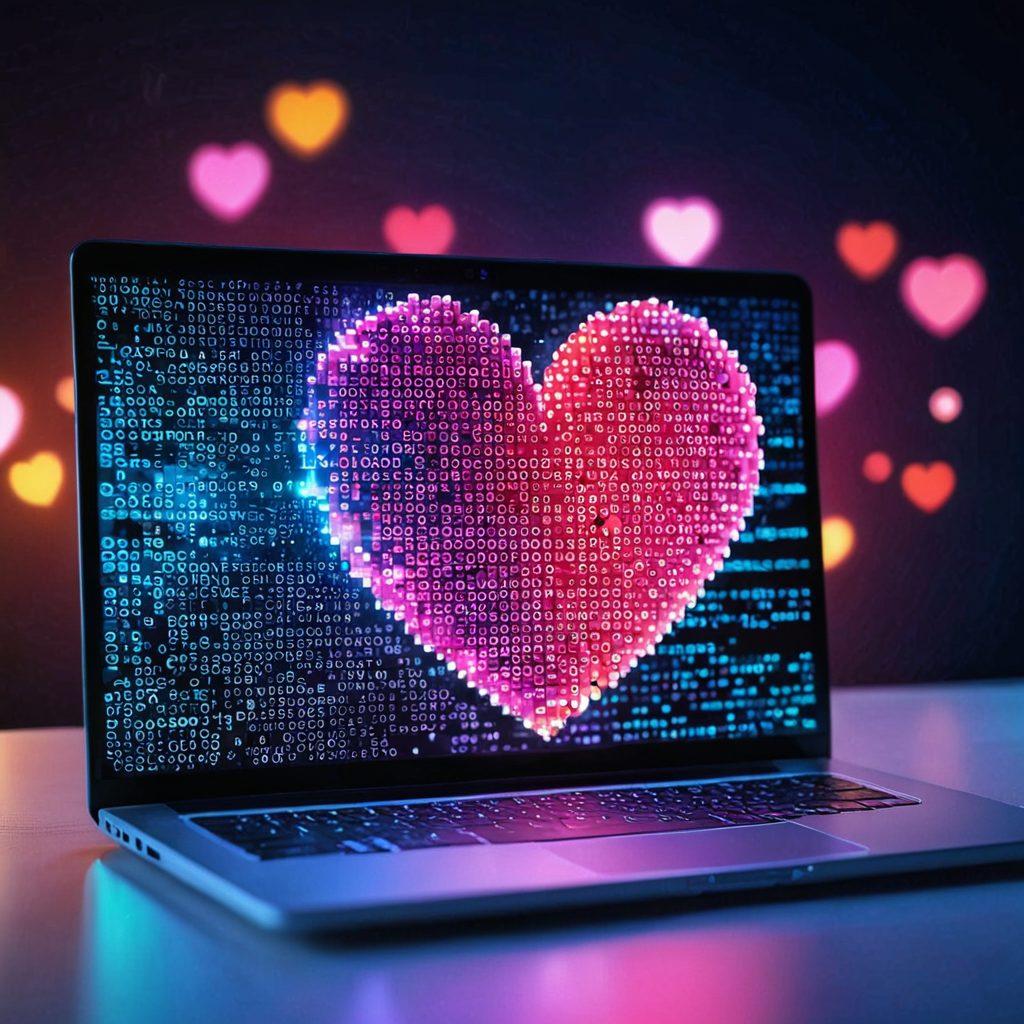 A glowing digital heart composed of vibrant pixels and binary code, floating above a laptop screen with a romantic chat conversation. Background features soft, ethereal lights that create a dreamy atmosphere. Characters on screen are seen exchanging messages and emoticons. super-realistic. vibrant colors. 3D.